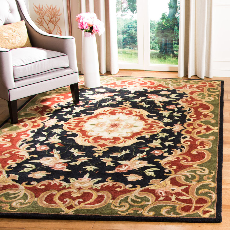 Tapis noir / vert en laine touffeté à la main à motif oriental Alg, Rectangle 7 pi 6 po x 9 pi 6 po