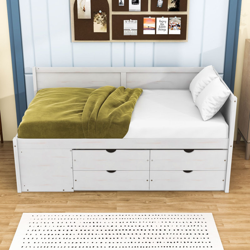 Lit de jour à 4 tiroirs en bois avec tablettes intégrées et lattes robustes, Lit simple, Blanc