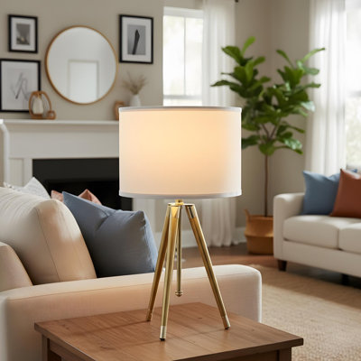35.5-inch to 25.75-inch adjustable height brass/brilliant gold modern tripod table lamp, suitable for living rooms, bedroom nightstands, LED lighting