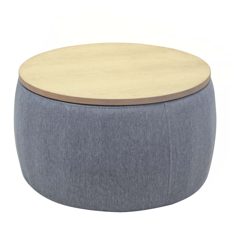 Round Storage Ottoman,2 In 1 Function,Work As End Table And Ottoman, Dark Gray, Natural Wood