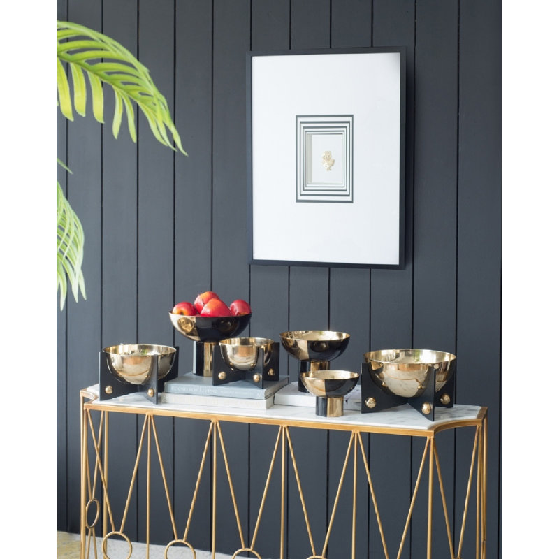 Set Of 3 Round Bowls, Black And Gold Aluminum Finish, Sturdy Metal Stand