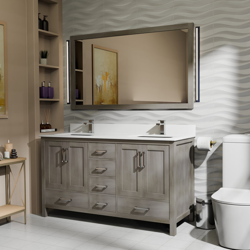 Ensemble de meuble-lavabo double L 60 po x P 22 po Jacques, Gris patiné, Marbre de Carrare blanc