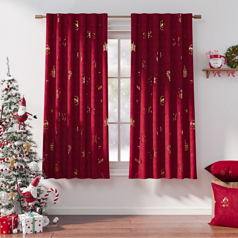 Rideaux en velours de Noël avec passe-tringle pour salon, Doré / rouge, L 52 po x L 63 po