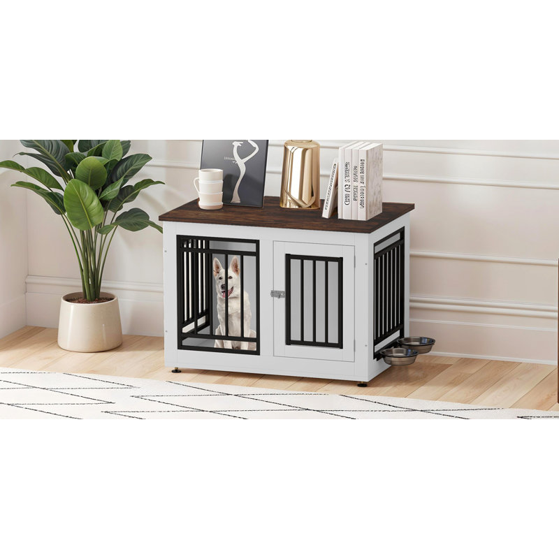 Meuble en bois pour cage de chien avec bols à nourriture double, H 20,4 po x l 28 po x P 18,5 po