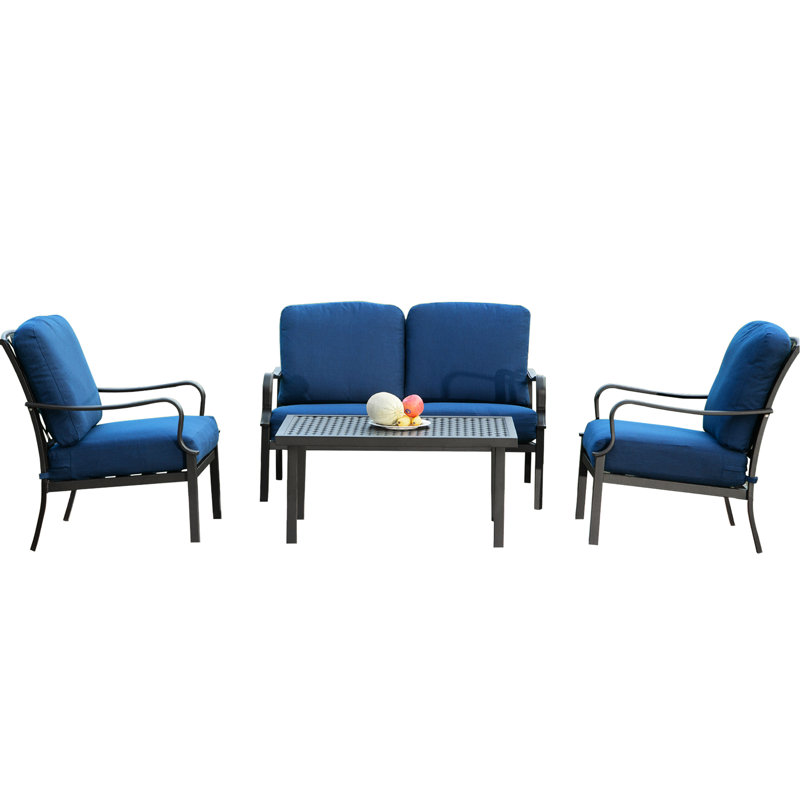 Outdoor Table And Chairs , Removable Navy Blue Cushions, Construction For Lawn Metal Patio Furniture Ergonomic Design With Soft Garden Living Area