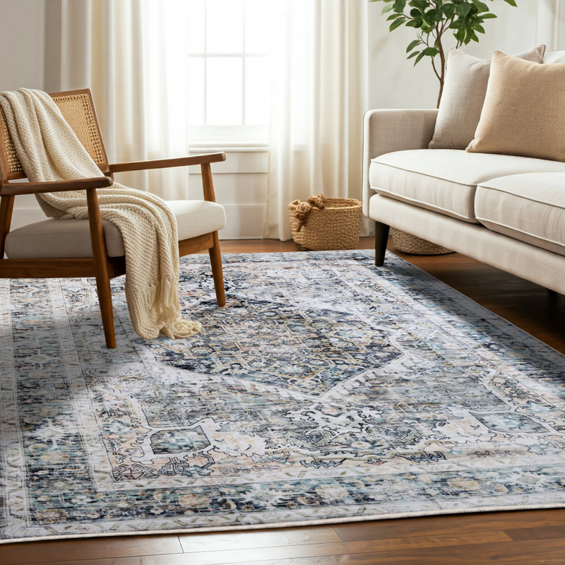 Bungalow Rose Soft Gray Blue Machine Washable Area Rug – Non-Slip, Stain Resistant, GRS Certified, for Bedroom, Living & Dining