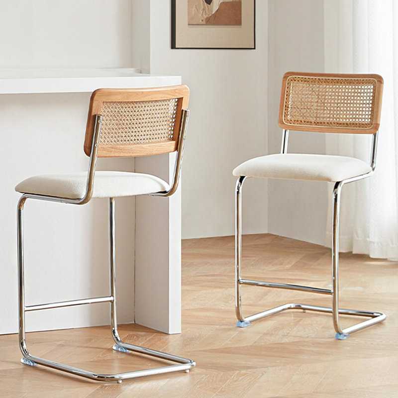 Natural Rattan and Solid Wood Counter Height Stools with White Upholstery and Chrome Metal Legs