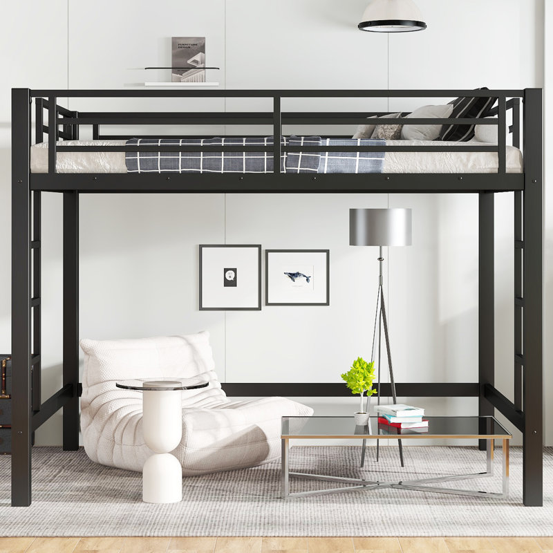 Full Metal Loft Bed with Ladder & Guardrails, Space-Saving Sturdy Black Loft Bed for Kids, Full