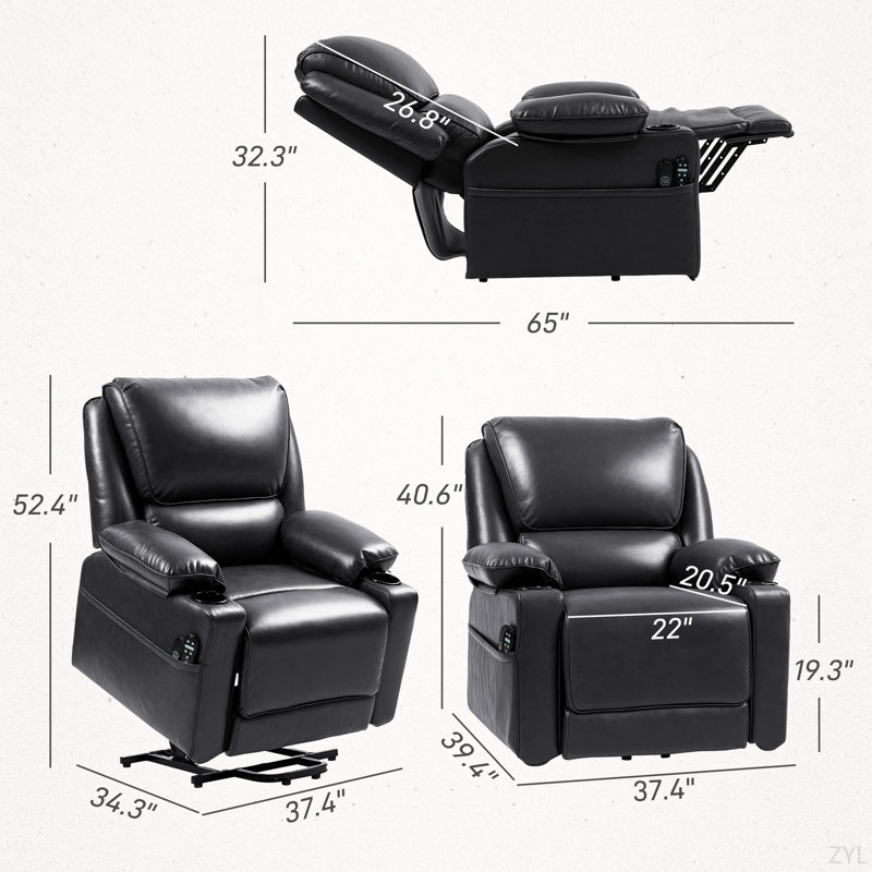 Fauteuil inclinable électrique en similicuir pour personnes âgées avec télécommande, noir