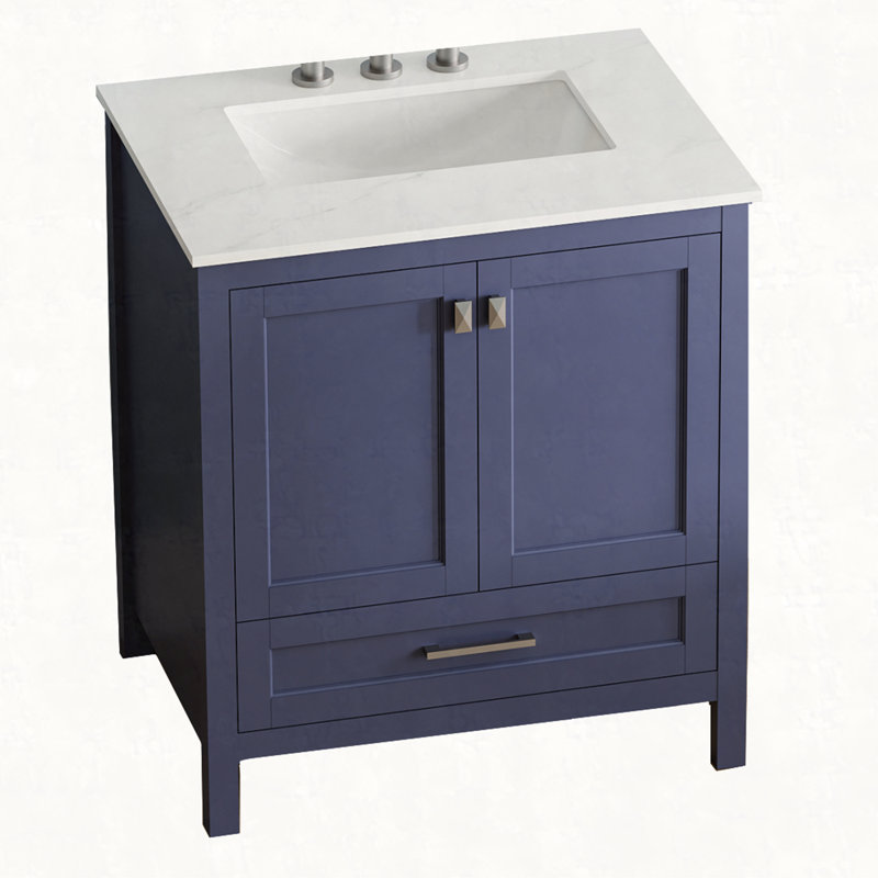 Meuble-lavabo de salle de bain 30 po avec lavabo, comptoir en marbre entièrement assemblé, bleu marine