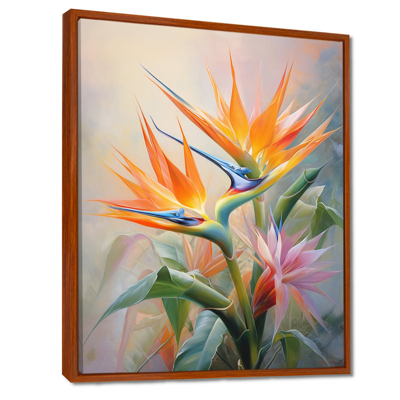 Oiseaux du paradis romantique, reproduction d'art botanique, 32" H x 24" W, Cadre flottant brun