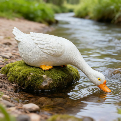 Outdoor Realistic White Goose Statue - Weather-resistant Resin Drinking Animal Decor For Yard, Pond & Patio