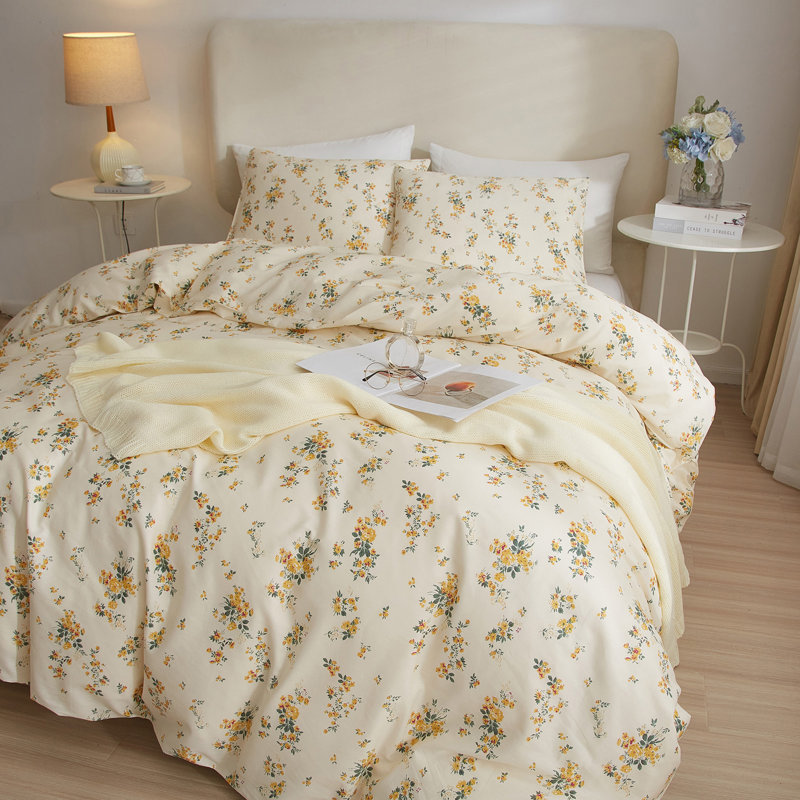 Cotton Floral Duvet Cover Set, King Duvet Cover + 2 Standard Shams, Yellow Floral