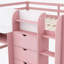 Lit mezzanine double pleine grandeur avec bureau intégré, armoires de rangement et bibliothèque ouverte, tableau blanc pour graffiti, rose