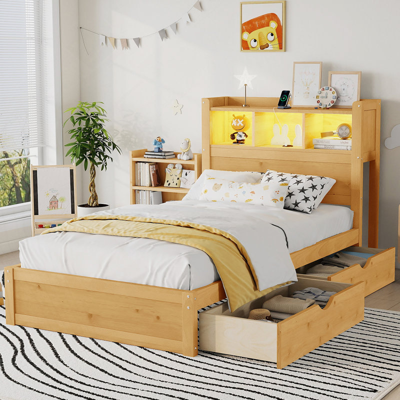Lit plateforme avec tiroirs, lit en bois avec tête de lit et armoire de rangement escamotable, lit en bois avec lumière et douille