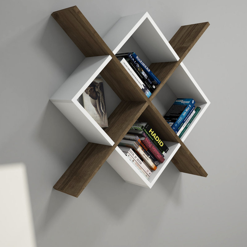 Modern Wall Shelf, Walnut & White, 31.1 x 31.1 x 7.7 inches | 100% Melamine Coated Particle Board, Thickness: 0.7 inches | Numerous Shelves, Wall-Mounted for Additional Storage, Stylish and Functional Design