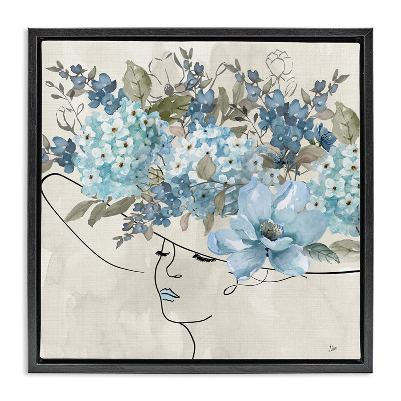 «Blue Floral Hat», encadrée par Nan, Cadre flottant noir de jais, H 18 po x l 18 po