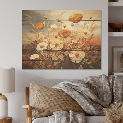 White And Yellow Crimson Floweret Garden Serenade - Flower Wood Wall Art On Natural Pine Wood
