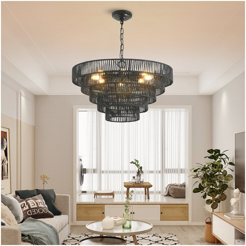Lustre suspendu 24 po à 5 niveaux en corde de chanvre noir avec 8 douilles E12, plafond Boho Farmhouse pour la salle à manger, la cuisine ou le vestibule (ampoule non incluse)