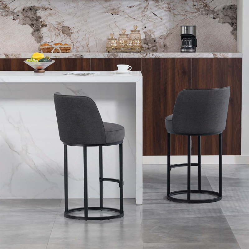 Ensemble de 2 tabourets de bar à hauteur de comptoir, conception de baril moderne avec dossier, revêtu de lin pour le confort des îlots de cuisine