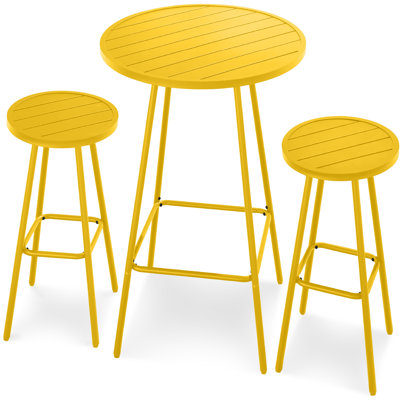 3-Piece Steel Patio Bar Height Round Bistro Set W/ Backless Stools, Slatted Design