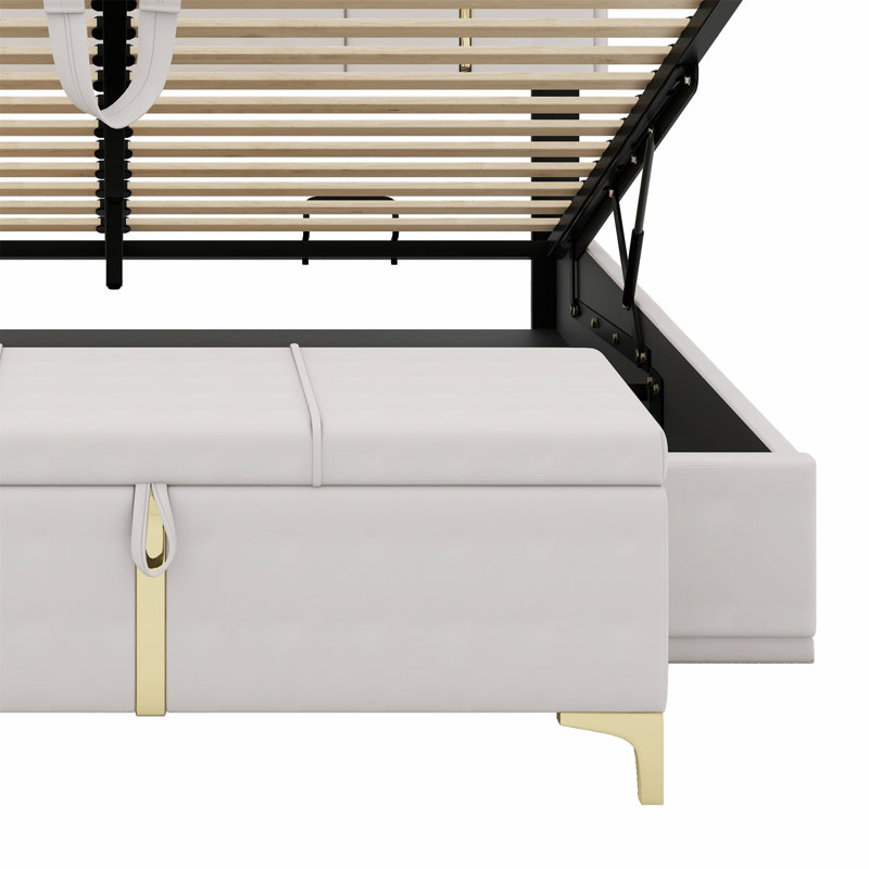 Lit plateforme tapissier avec système de rangement hydraulique, repose-pieds avec pieds en métal, Beige