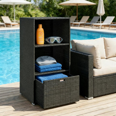 Armoire de rangement d'extérieur pour serviettes en osier avec tiroir - Organisateur de salle de bain et de piscine