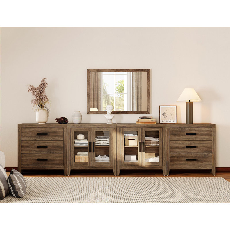 Eaton 4-Piece Modular Sideboard With Glass Doors & Drawers,Farmhouse Storage Cabinet For Living Room, Dining Room, Or Hallway, Brown