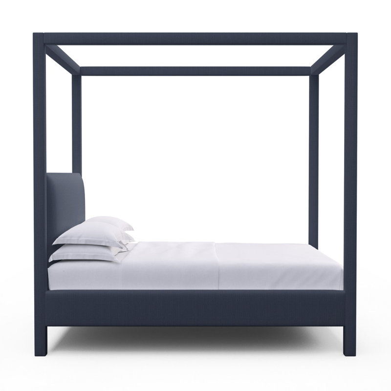 Lit tapissier Lafayette, Simple, Imprimé bleu de lin à tissage carré