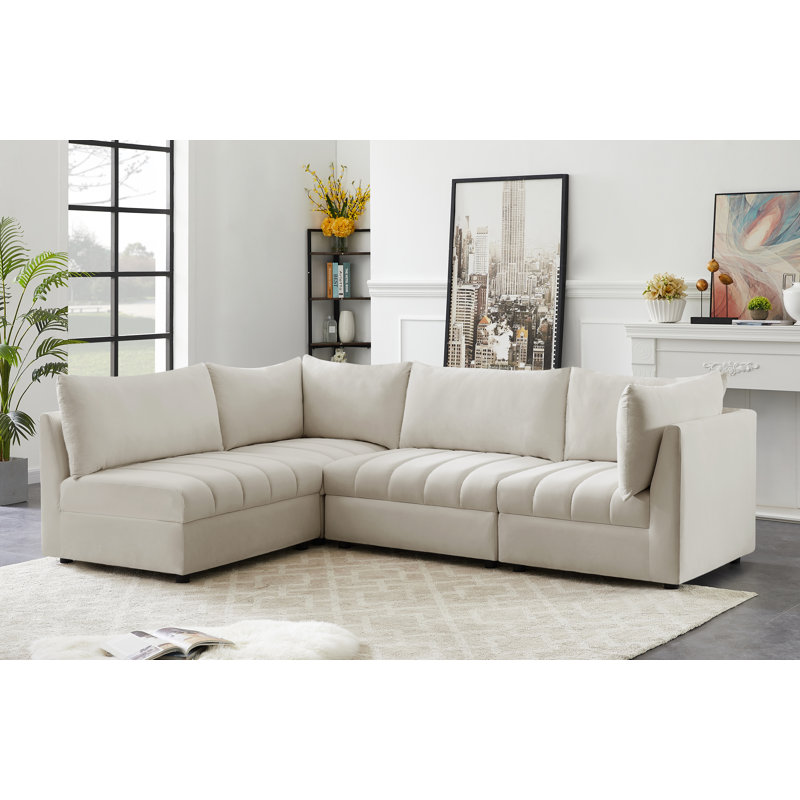 Ensoll 103" Wide Velvet Reversible Modular Corner Sectional, Cream Velvet