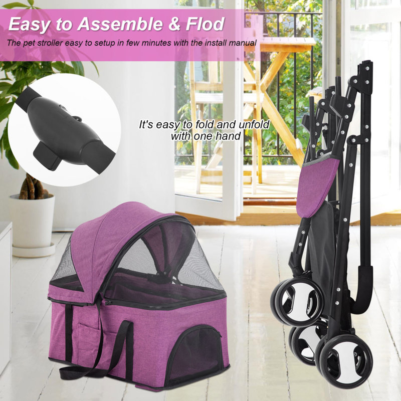 Purple 3-in-1 Stainless Steel Pet Stroller with Detachable Carrier