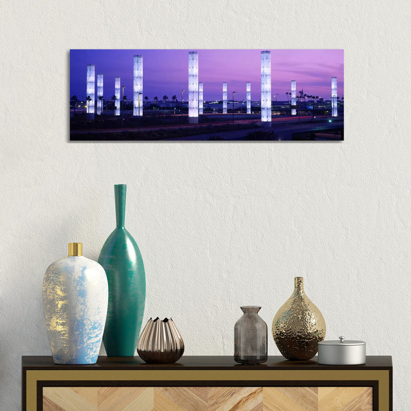 Light Sculptures Lit Up At Night, LAX Airport, Los Angeles, California, USA - Wrapped Canvas Panoramic Print
