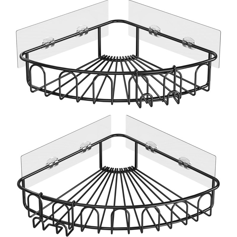 Organisateur de tablettes de salle de bain mural en acier inoxydable avec support à crochets mural sans perçage, Noir
