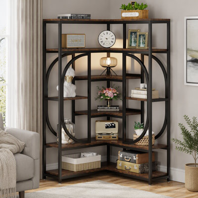 7-Shelf L-Shaped Corner Bookshelf, 69.29″ Industrial Metal Bookcase and Display Rack for Living Room, Bedroom, Study and Entryway Decor