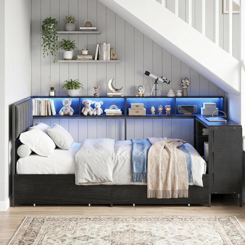 Space Saving Twin Corner Daybed with Desk, Bookcase and Storage Drawers, Black