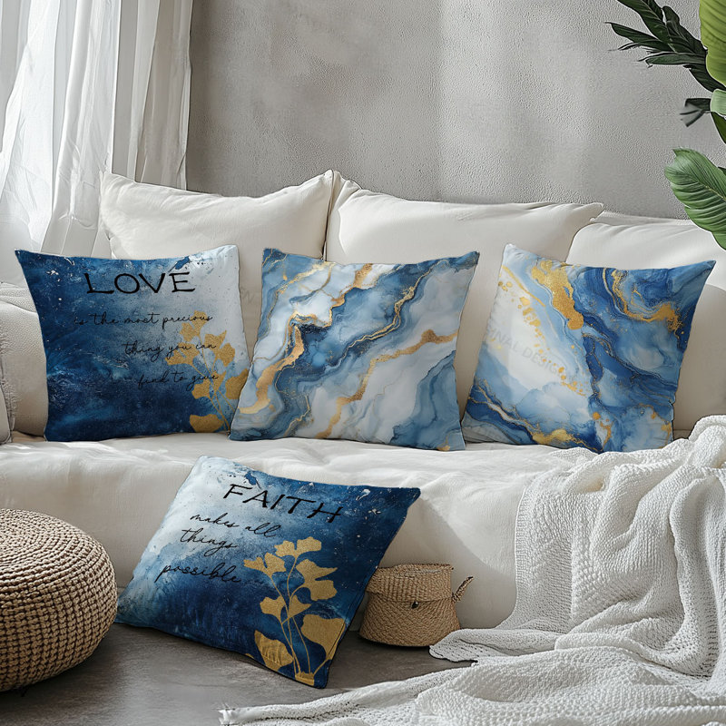 4 housses de coussin décoratives en marbre bleu