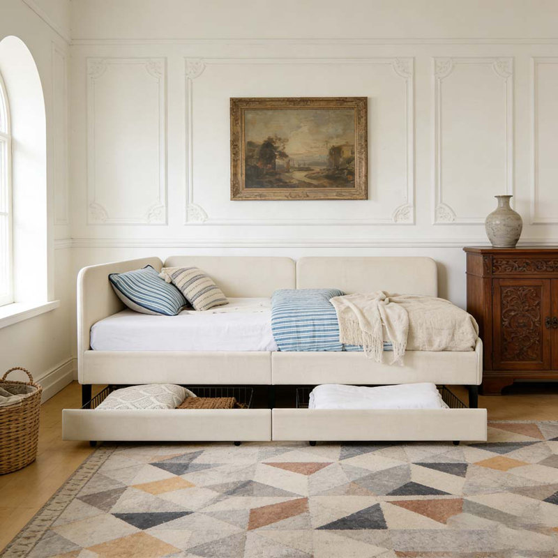 Structure de lit double tapissier pleine grandeur avec 2 tiroirs de rangement, Beige, Double