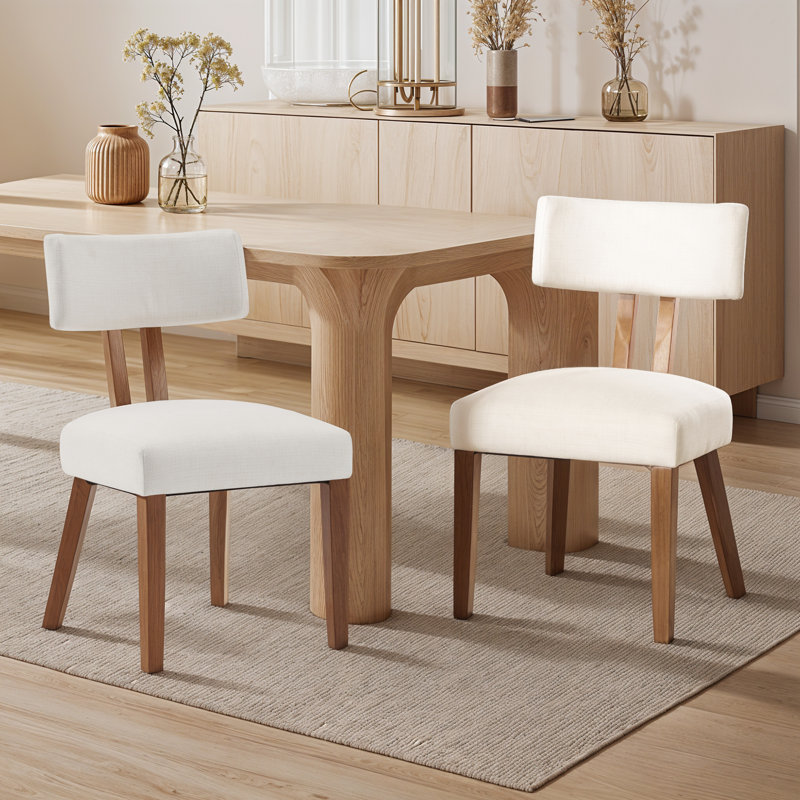 Mid Century Linen Upholstered Dining Chair With Wood Legs, 2