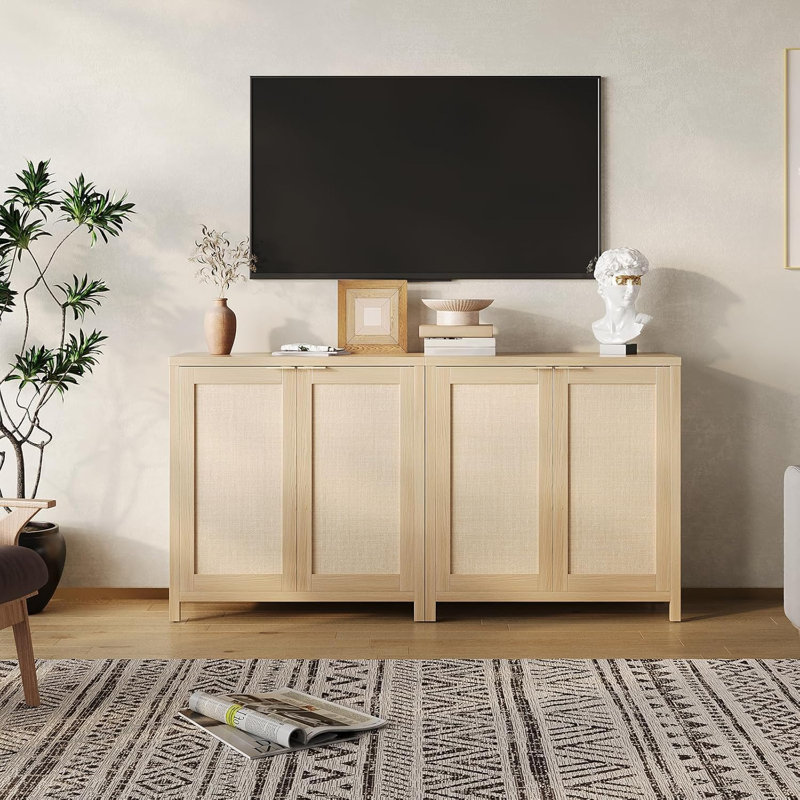 Rattan Sideboard Buffet Storage Cabinet, Console Table With Adjustable Shelves And Metal Handles, Yellow
