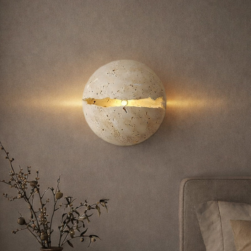 Natural Travertine Wall Sconce With Irregular Center Crack, Lunar White Wall Light Fixture For Bedroom, Living Room, 2