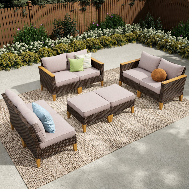All Weather Wicker/Rattan 8 - Person Seating Group with Cushions, Beige, No