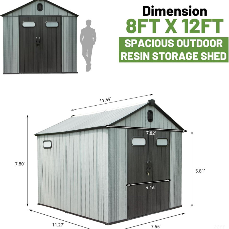 Outdoor Resin Storage Shed, Waterproof Plastic Garden Shed With Lockable Door, Windows & Vents, Outside Tool Storage Shed For Patio Furniture, Lawn Mower, Bike