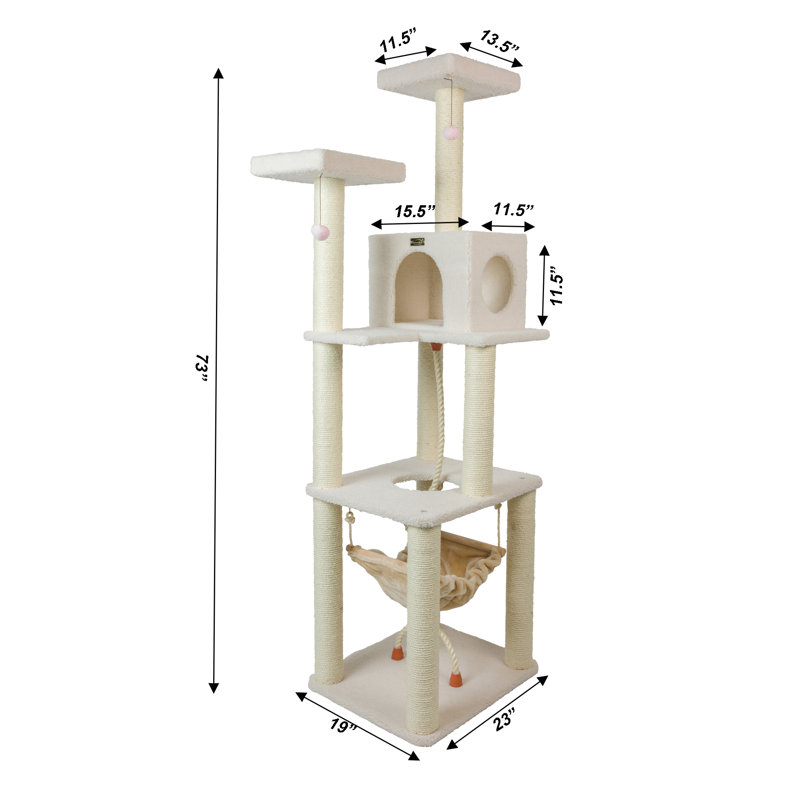 73'' Ivory Fleece Multi-Level Cat Tree with Hammock and Rope Swing