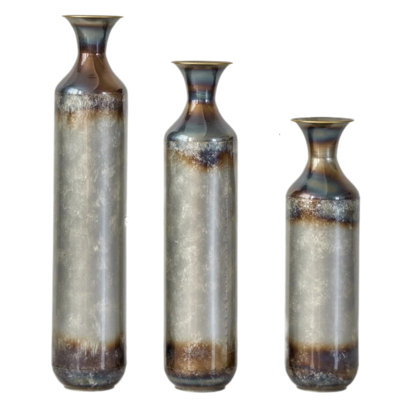 Set of 3 Hand-Forged Metal Floor Vases, Burnt Rustic Finish 28.34"/24.4"/20.4"