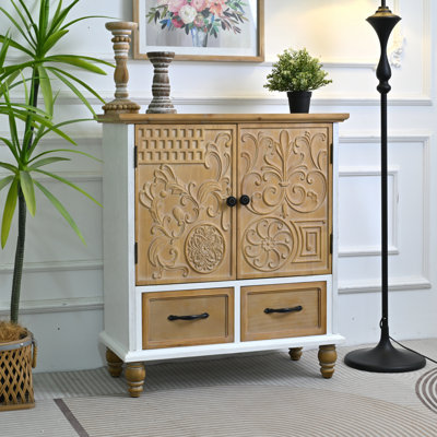Buffet d'appoint à portes sculptées à motifs floraux, 80 x 36 x 90 cm, bois massif, une pièce, coffre d'appoint, marron et blanc, portes sculptées en relief avec finition vieillie