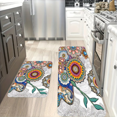 Bohemian Floral Print Kitchen Mats for Kitchen & Colorful Decor, Multicolor Set of 2