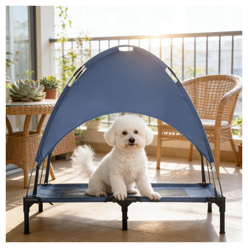 Elevated Portable Pet Cot Bed with Mesh Surface, Black and Dark Blue