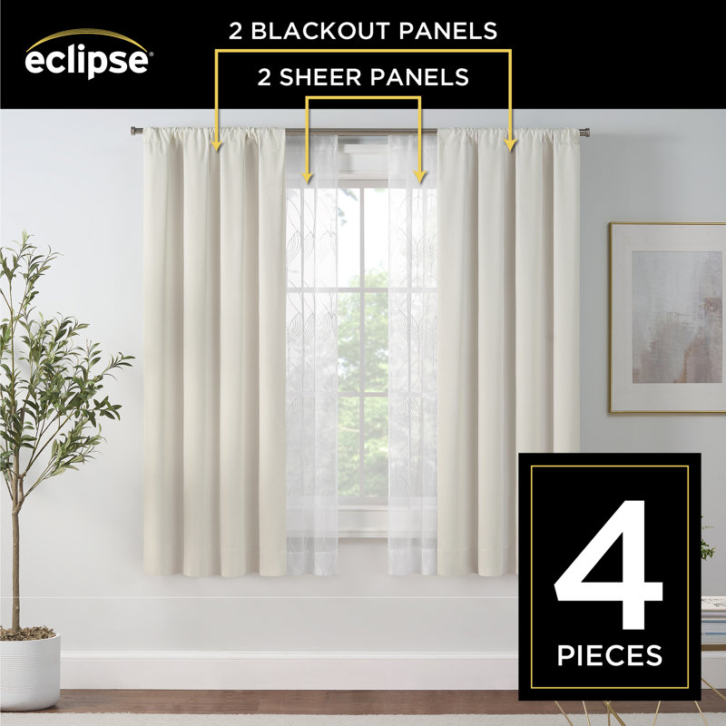 Eclipse Letta Blackout Curtains with Sheer Window Panels, Long, 4-Piece Window Curtain Panel Set, 37" W x 63" L, Botanical