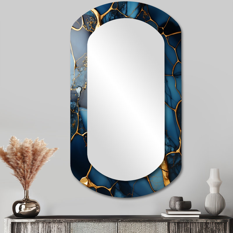 Gold and Sapphire Blue Marble Mosaic IV - Abstract Cylinder Large Wall Mirror, Modern Asymmetrical Unique Mirror, Printed Metal Art