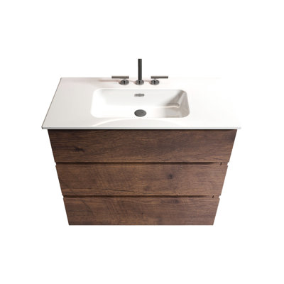 Meuble-lavabo élégant avec lavabo et trous de robinet, offrant un design élégant et un rangement fonctionnel